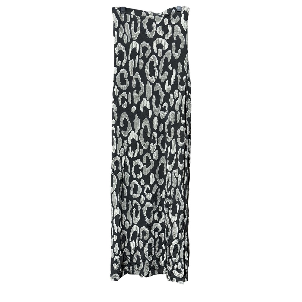 Shan Maxi Skirt Womens 10 Animal Print Sheer Overlay Slit Resort Silver Black